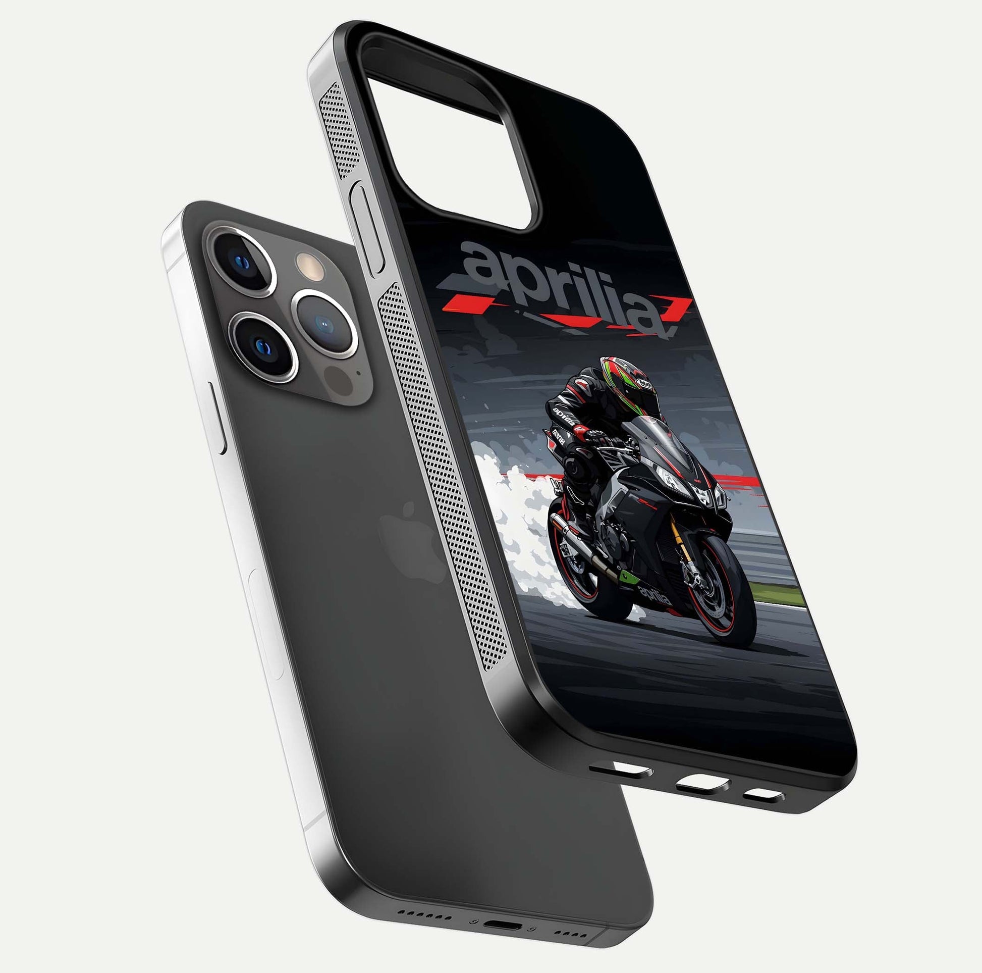 Dark Aprilla Glass Case for iPhone 13 Pro floating mockup showing glossy contrast and texture clarity