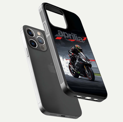 Dark Aprilla Glass Case for iPhone 13 Pro floating mockup showing glossy contrast and texture clarity