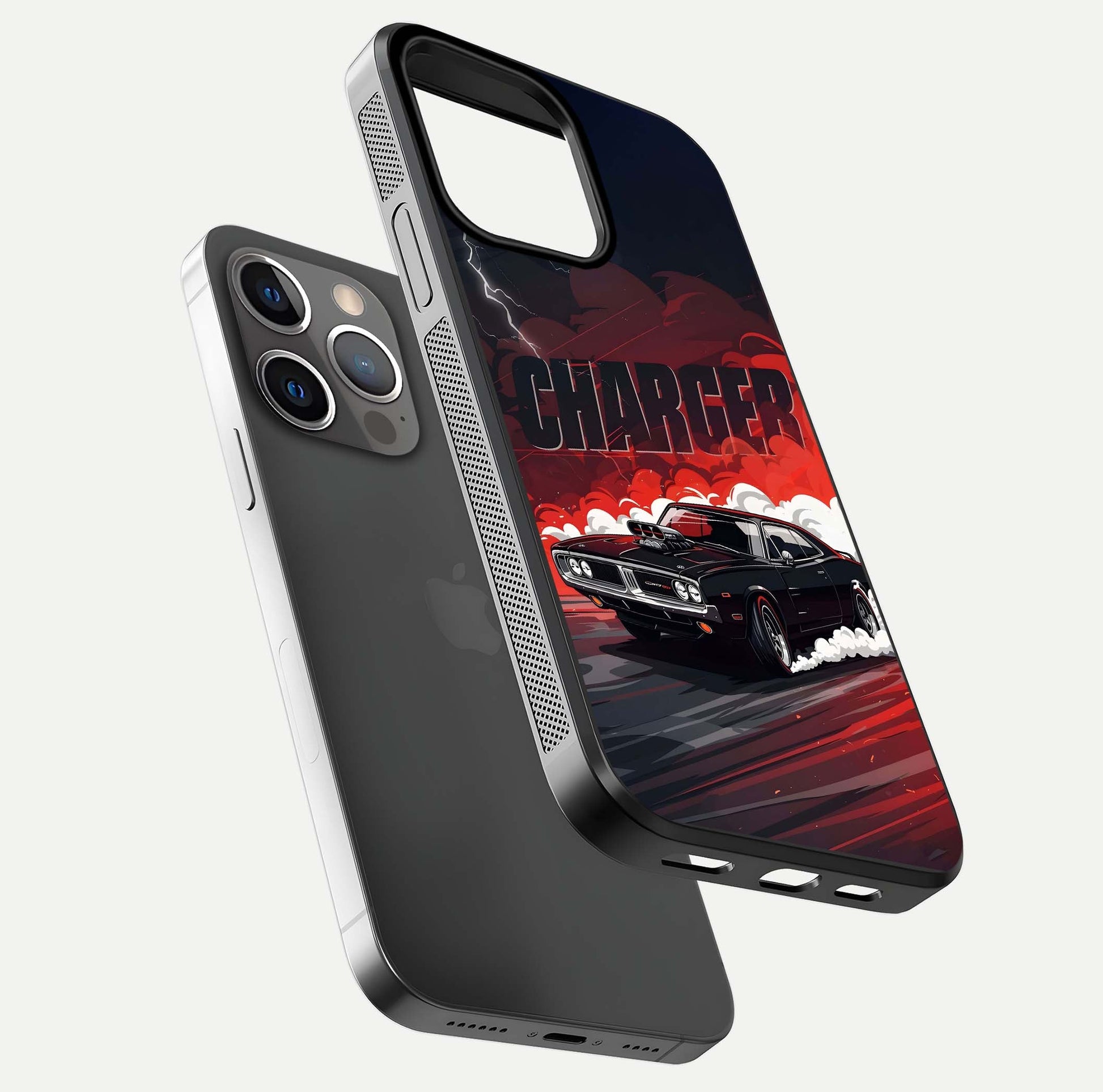 Dark Charger Fury Glass Case for iPhone 13 Pro floating mockup showing reflection depth and shiny surface