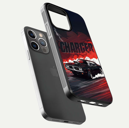 Dark Charger Fury Glass Case for iPhone 13 Pro floating mockup showing reflection depth and shiny surface