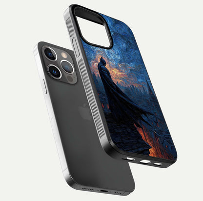 Dark Knight Dusk Glass Case for iPhone 13 Pro floating mockup showing glossy depth and cinematic lighting