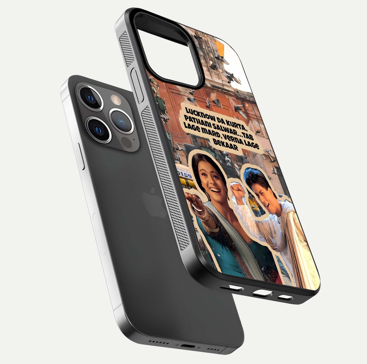 Desi Retro Vibes Glass Case for iPhone 13 Pro floating mockup showing shine polish and vivid tones