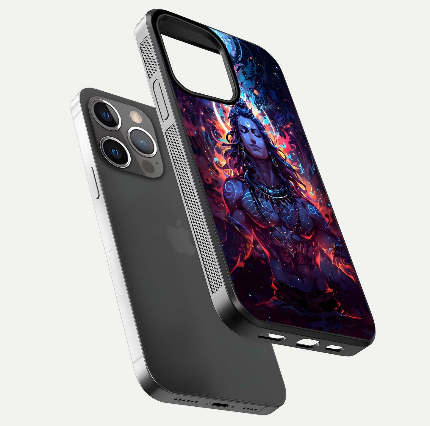 Divine Fire Shiv Glass Case for iPhone 13 Pro floating mockup showing glow texture and gloss finish