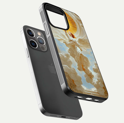 Divine Light Angel Glass Case for iPhone 13 Pro floating mockup showing gloss texture and radiant light