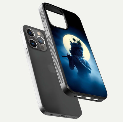 Divine Moon Flute Glass Case for iPhone 13 Pro floating mockup showing HD gloss and luminous texture