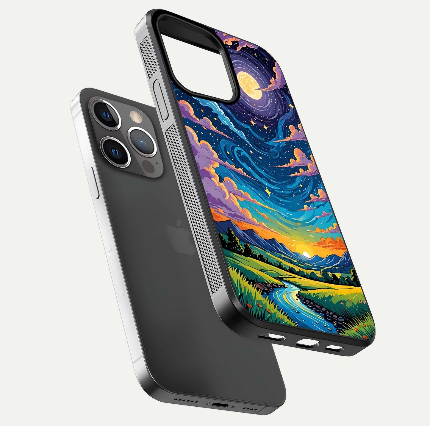 Dreamy Night Landscape Glass Case for iPhone 13 Pro floating mockup showing glossy depth and serene color