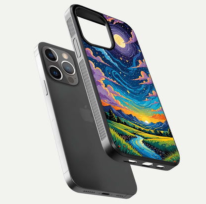 Dreamy Night Landscape Glass Case for iPhone 13 Pro floating mockup showing glossy depth and serene color