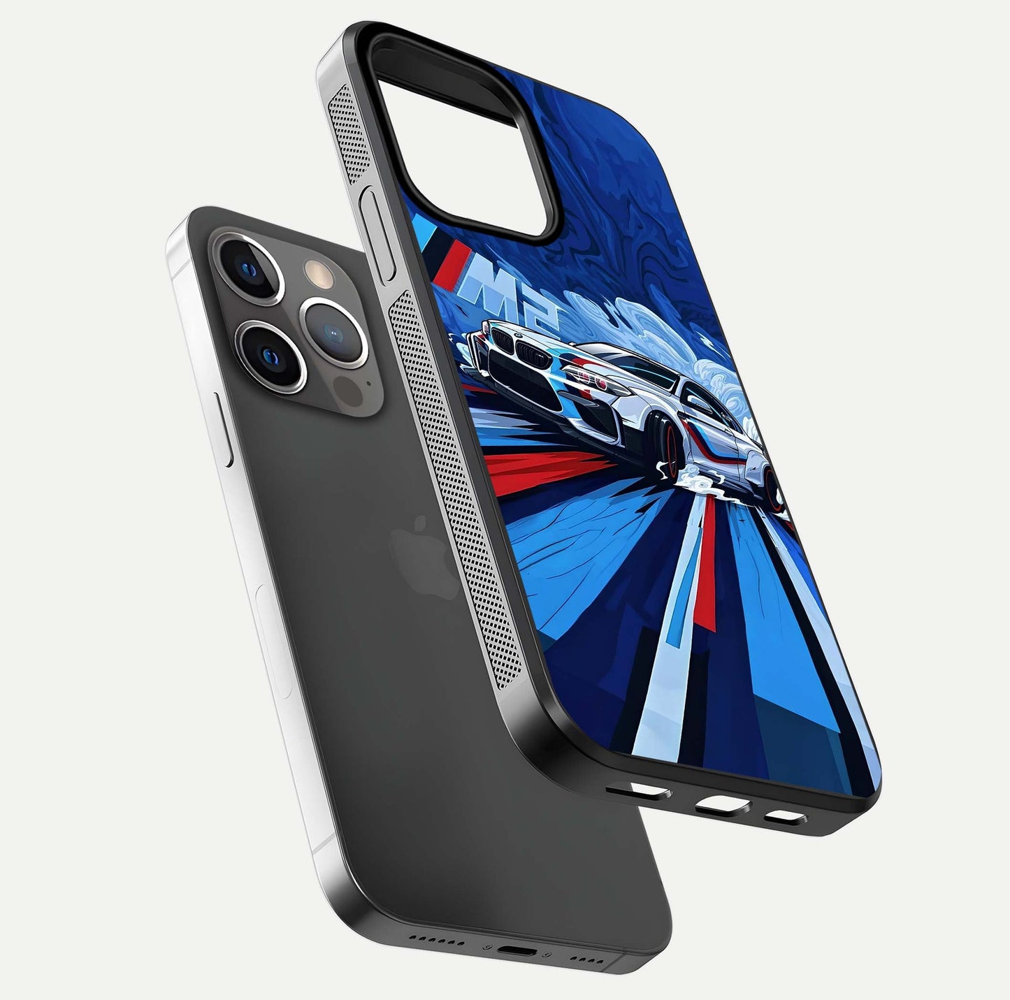 Drift Power Rush Glass Case for iPhone 13 Pro floating mockup showing gloss polish and speed-theme design