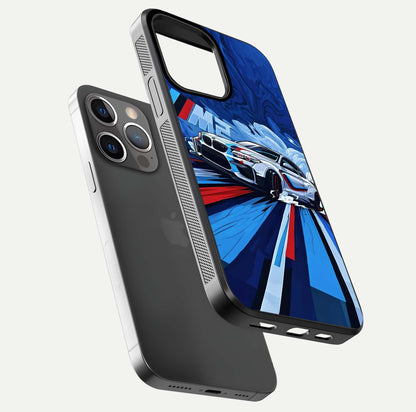 Drift Power Rush Glass Case for iPhone 13 Pro floating mockup showing gloss polish and speed-theme design