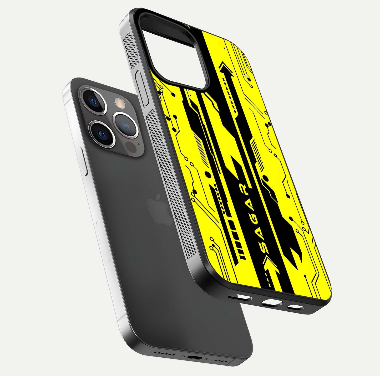 Electric Pulse CYBERPUNK Custom Name Glass Case for iPhone 13 Pro floating mockup showing HD gloss and vibrant cyberpunk glow