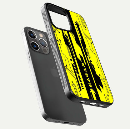 Electric Pulse CYBERPUNK Custom Name Glass Case for iPhone 13 Pro floating mockup showing HD gloss and vibrant cyberpunk glow