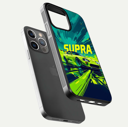 Electric Supra Thunder Glass Case for iPhone 13 Pro floating mockup showing gloss depth and energy glow