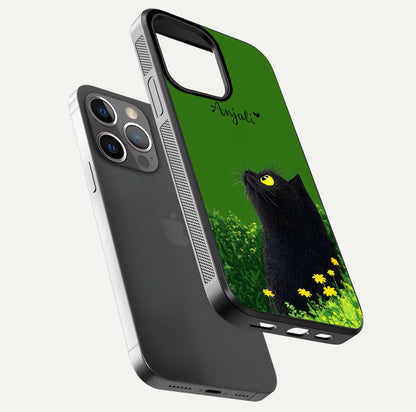Emerald Cat Custom Name Glass Case for iPhone 13 Pro floating mockup showing HD gloss and soft gradient
