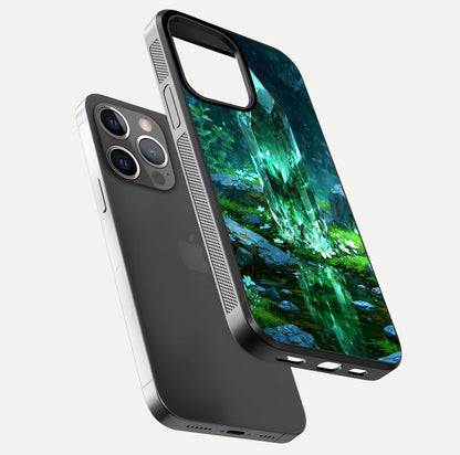 Emerald Light Crystal Glass Case for iPhone 13 Pro floating mockup showing glossy finish and radiant light pattern