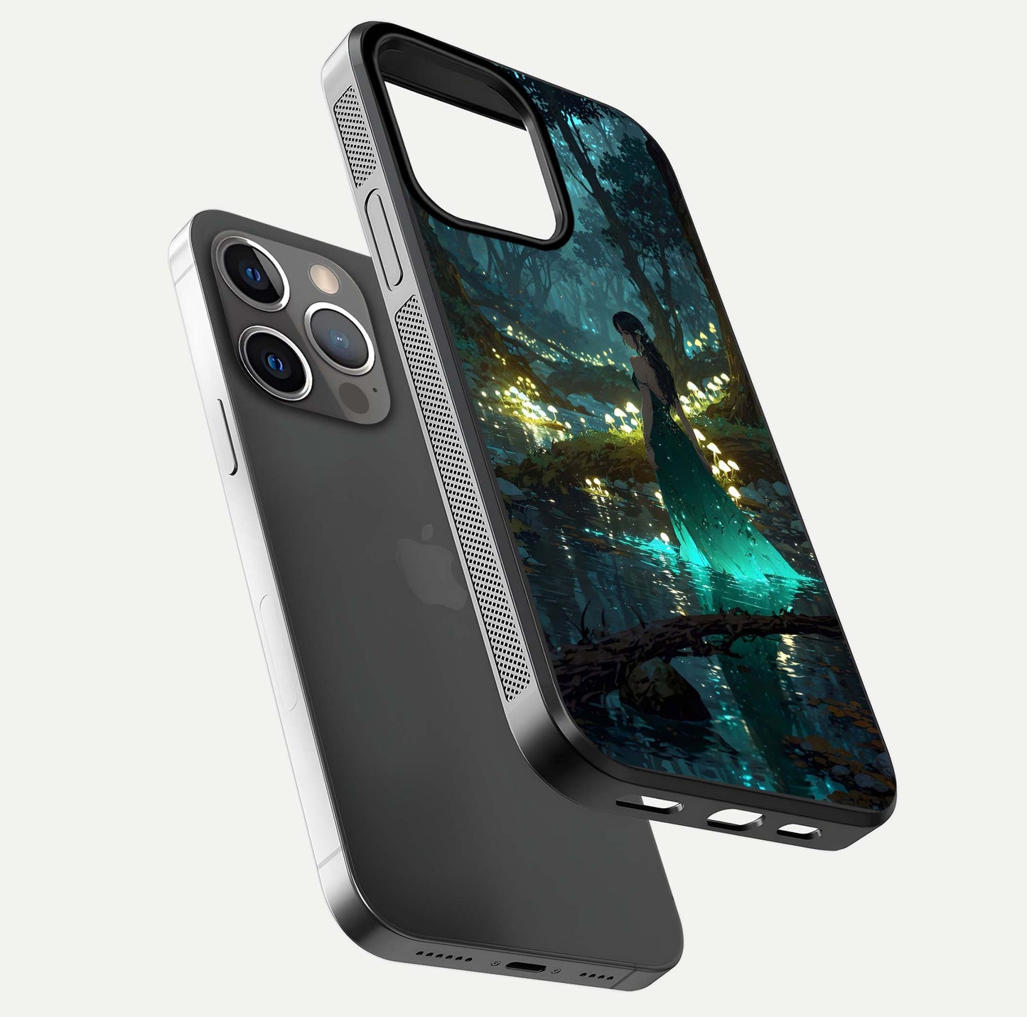 Enchanted Forest Glow Glass Case for iPhone 13 Pro floating mockup showing gloss polish and fantasy vibe