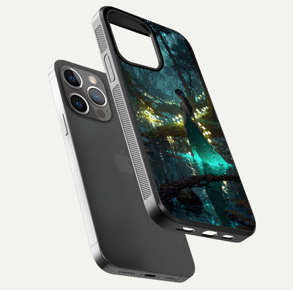 Enchanted Forest Glow Glass Case for iPhone 13 Pro floating mockup showing gloss polish and fantasy vibe