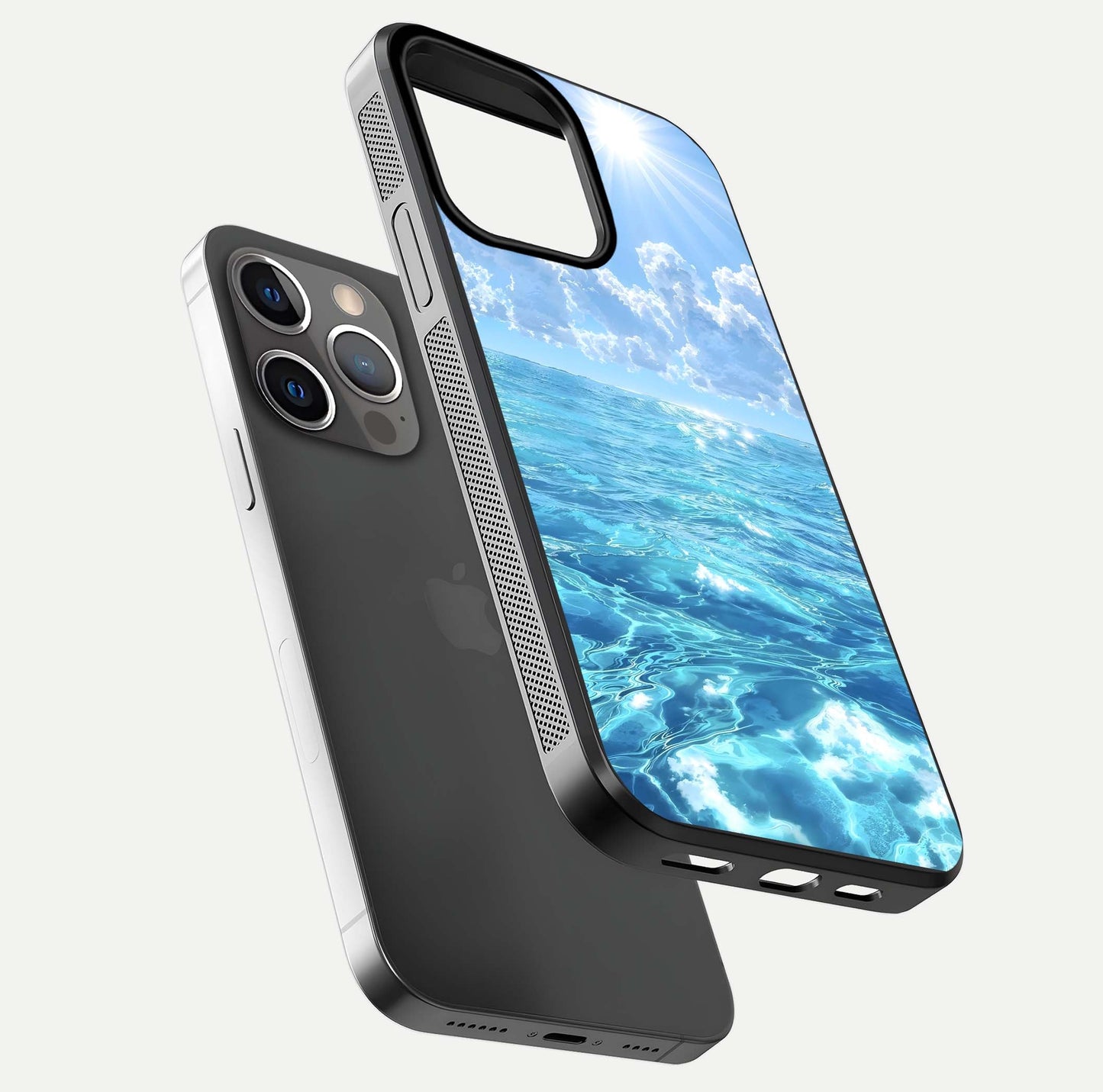 Endless Ocean Horizon Glass Case for iPhone 13 Pro floating mockup showing HD gloss and tranquil color