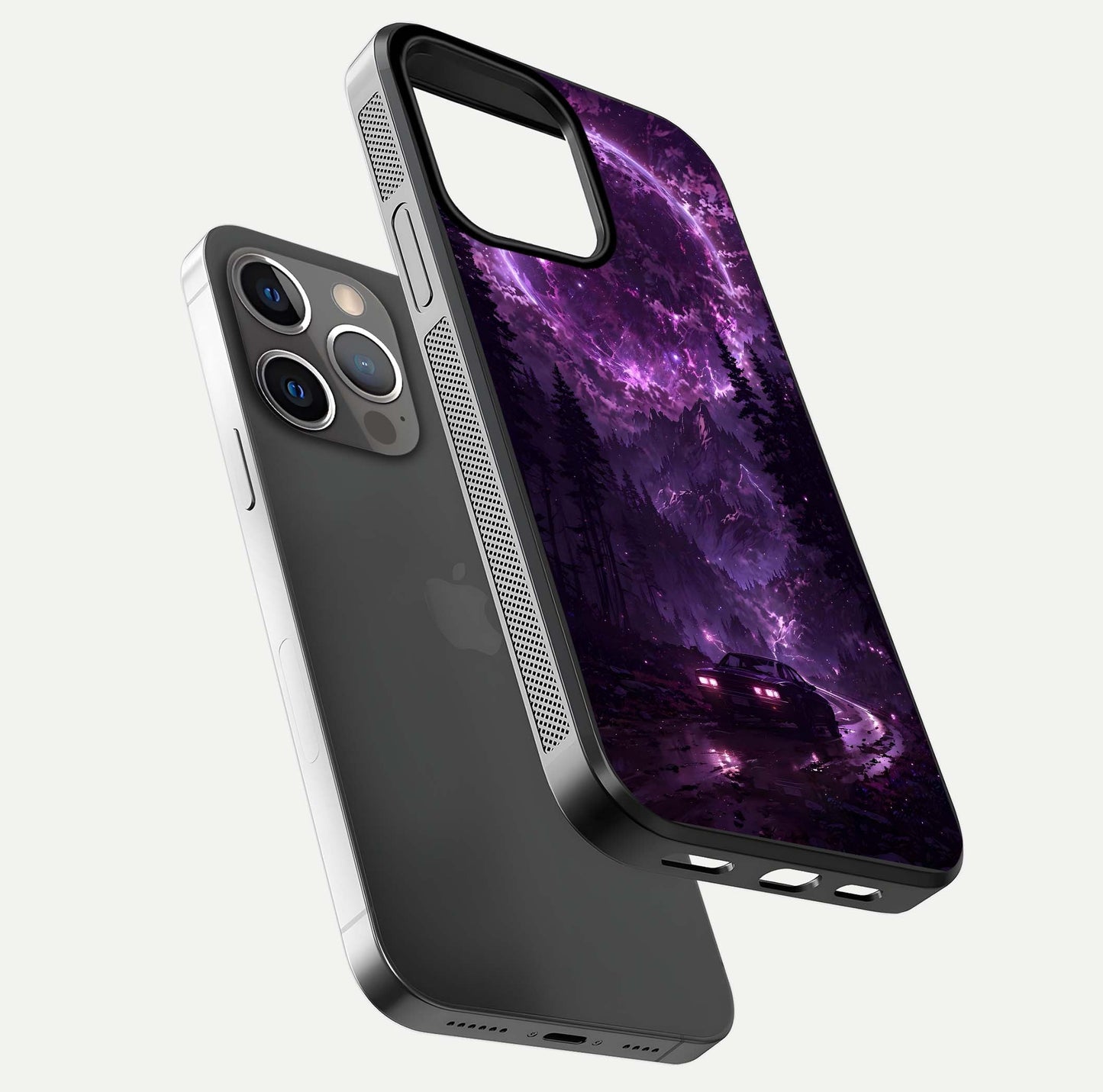 Eternal Cosmic Drive Glass Case for iPhone 13 Pro floating mockup showing glossy polish and vivid glow