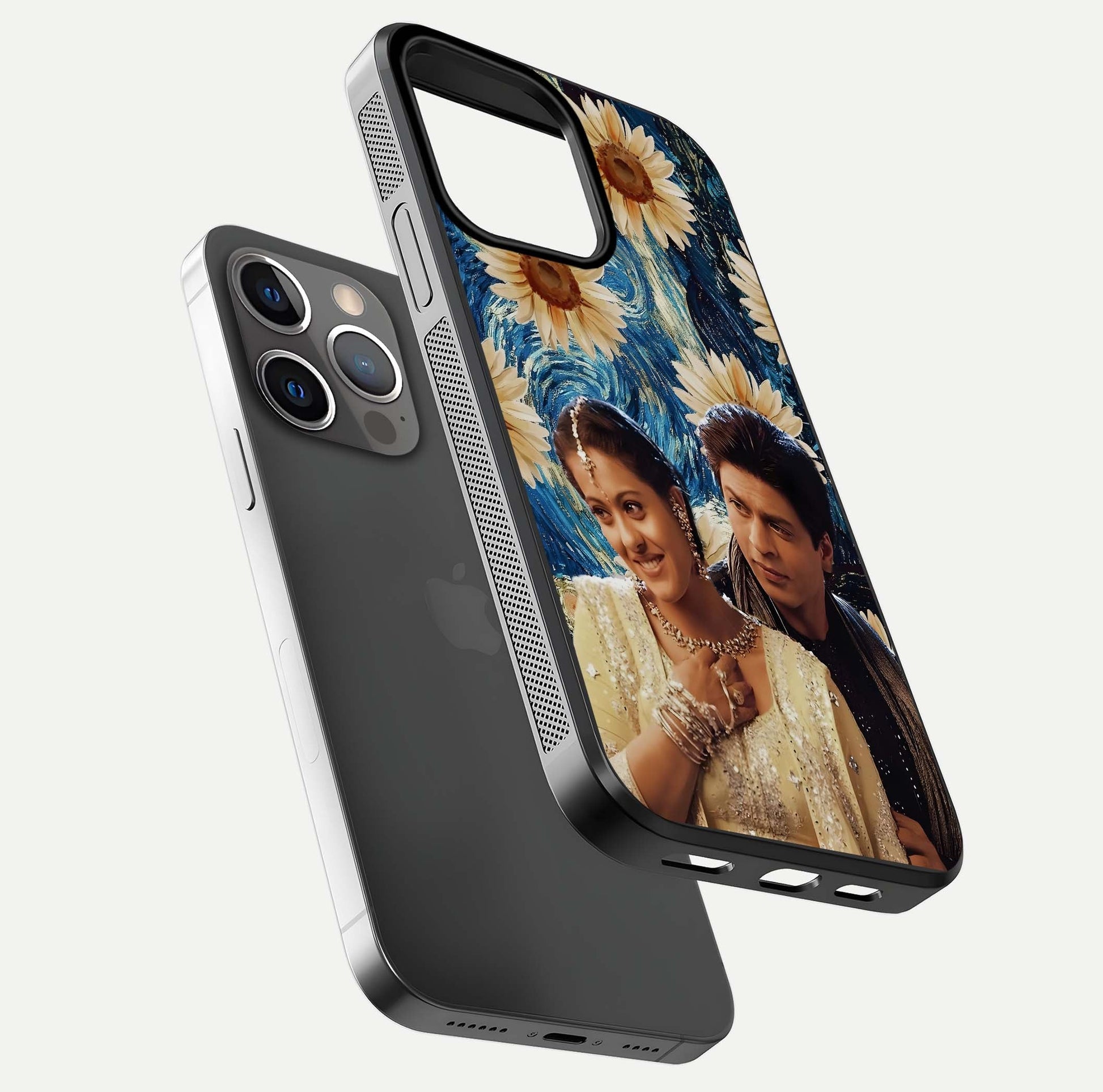 Eternal Love Story Glass Case for iPhone 13 Pro floating mockup showing glossy shine and romantic tone