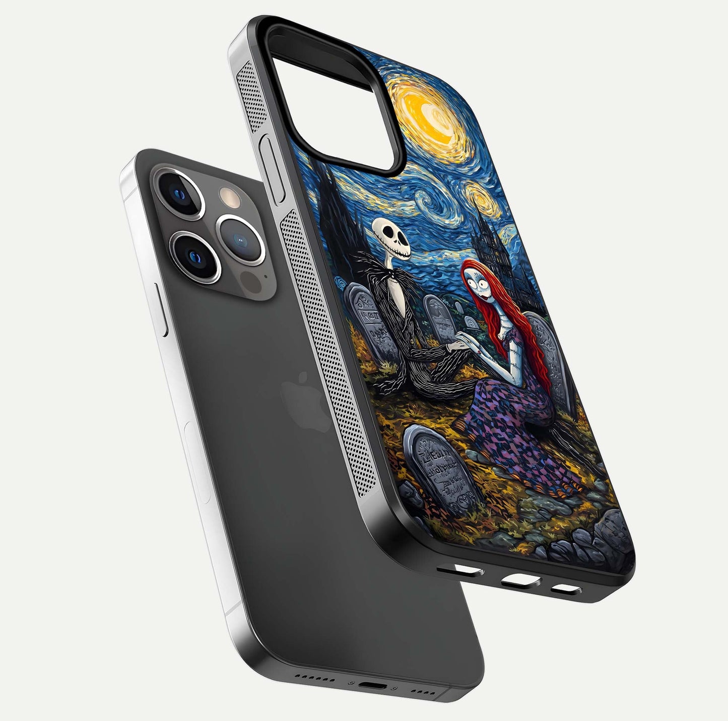 Eternal Night Love Glass Case for iPhone 13 Pro floating mockup showing gloss brightness and romantic vibe