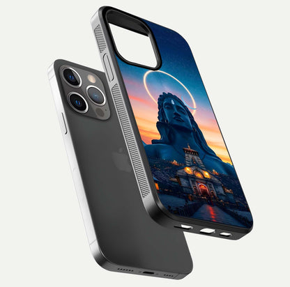 Eternal Shiva Aura Glass Case for iPhone 13 Pro floating mockup showing gloss texture and spiritual glow