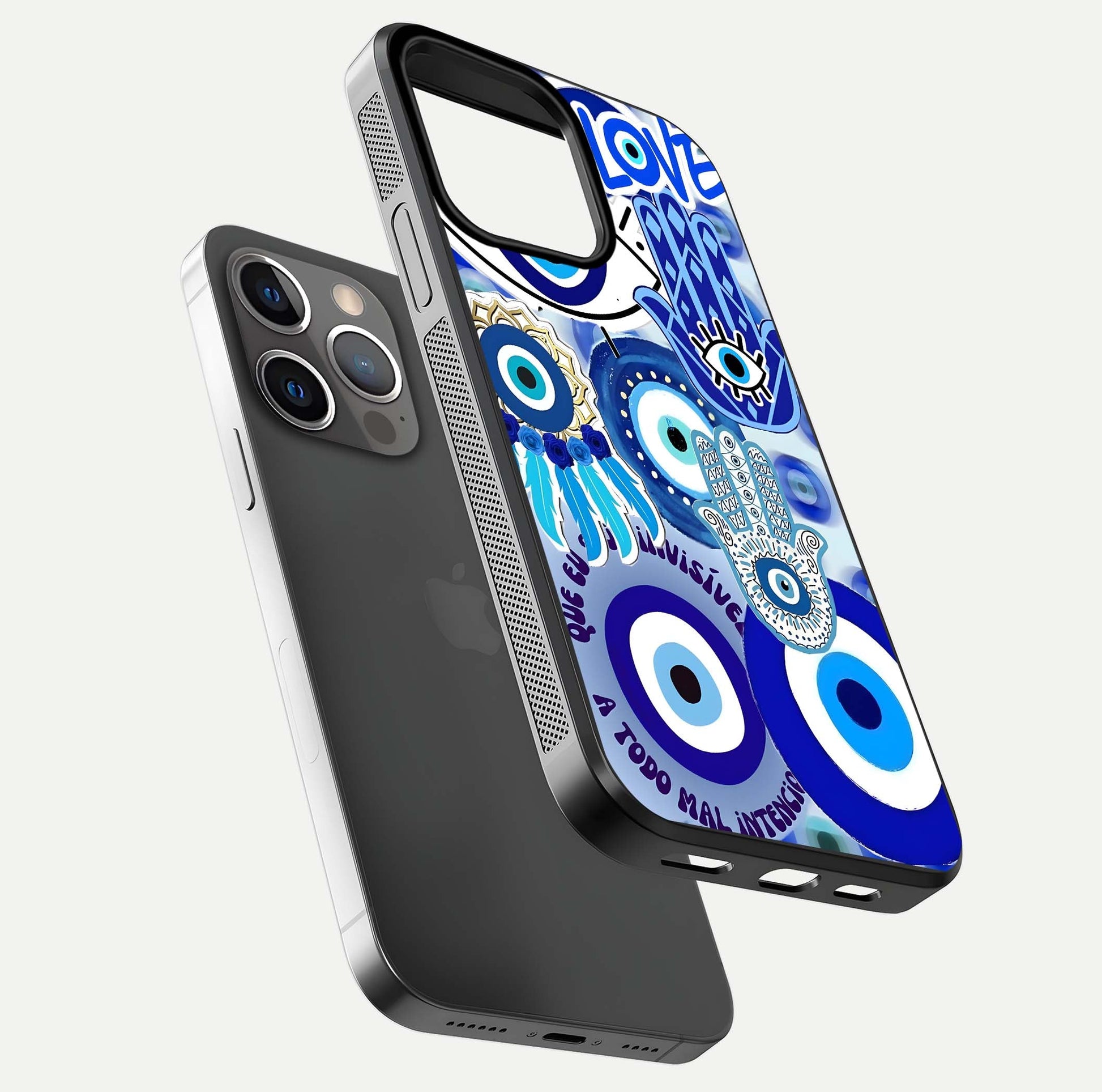 Evil Eyes Dream Glass Case for iPhone 13 Pro floating mockup showing glossy shine and elegant pattern clarity