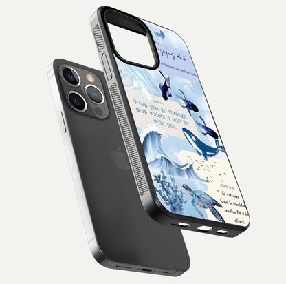 Faithful Ocean Promise Glass Case for iPhone 13 Pro floating mockup displaying glossy surface and vivid depth