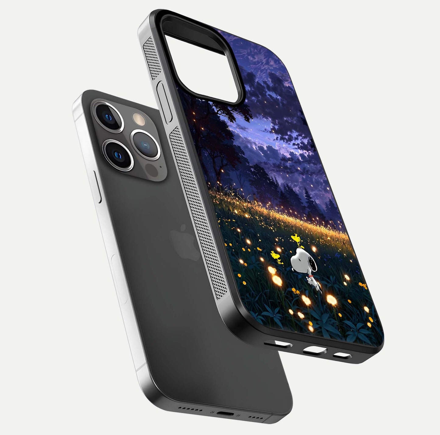 Firefly Meadow Magic Glass Case for iPhone 13 Pro floating mockup showing gloss polish and magical night hues