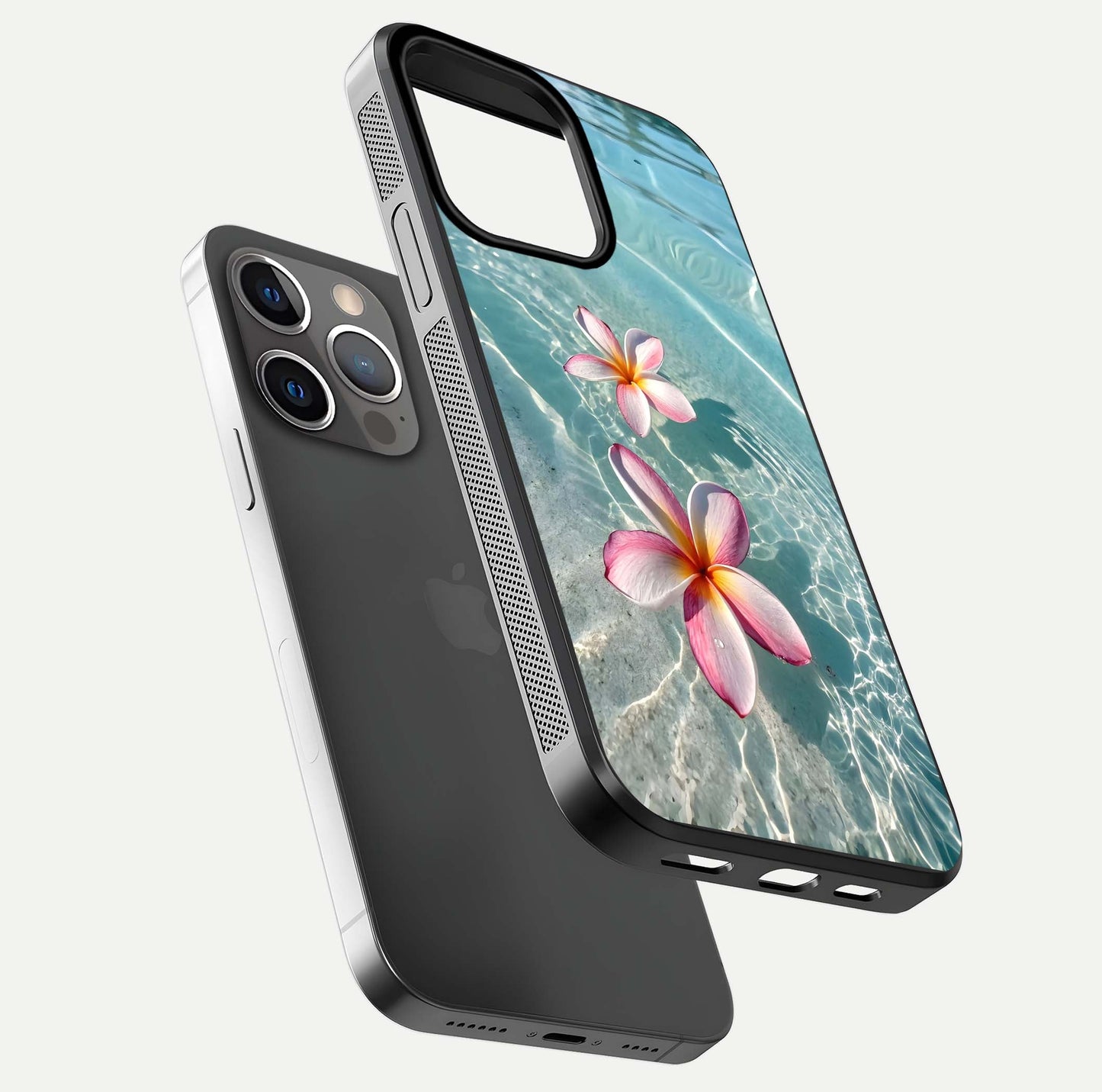 Floating Bloom Bliss Glass Case for iPhone 13 Pro floating mockup showing HD gloss shine and floral texture