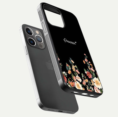 Floral Design Personalized Custom Name Glass Case for iPhone 13 Pro floating mockup showing reflection polish and vivid colors