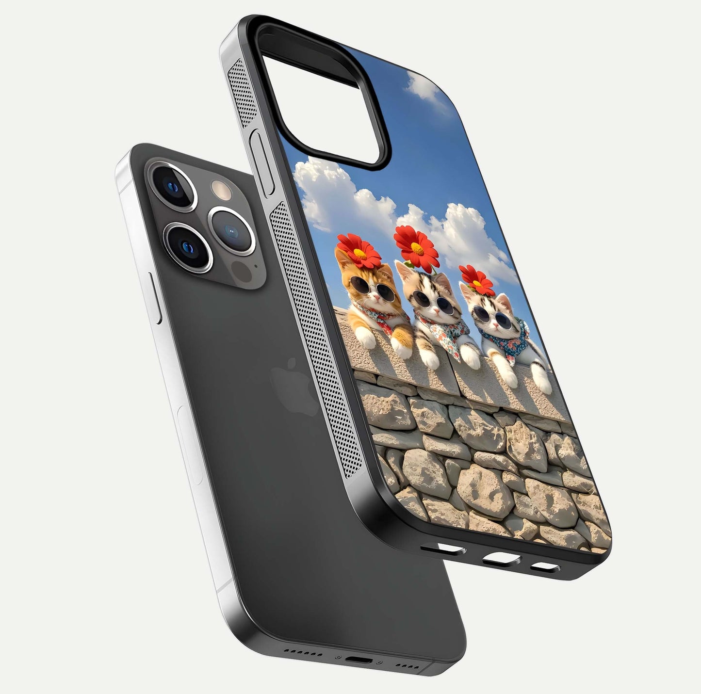 Floral Kitty Squad Glass Case for iPhone 13 Pro floating mockup showing gloss texture and playful charm