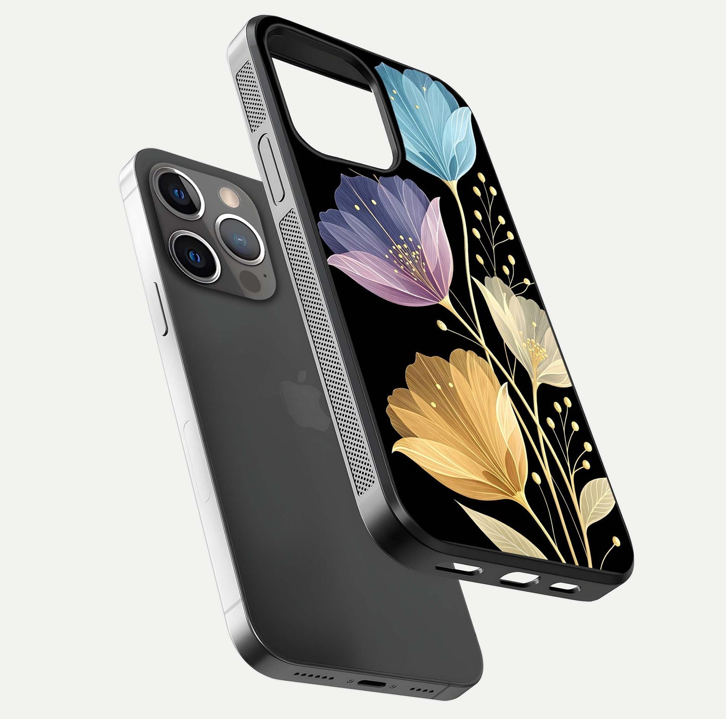Flower Bloom Glow Glass Case for iPhone 13 Pro floating mockup showing HD shine and artistic detail