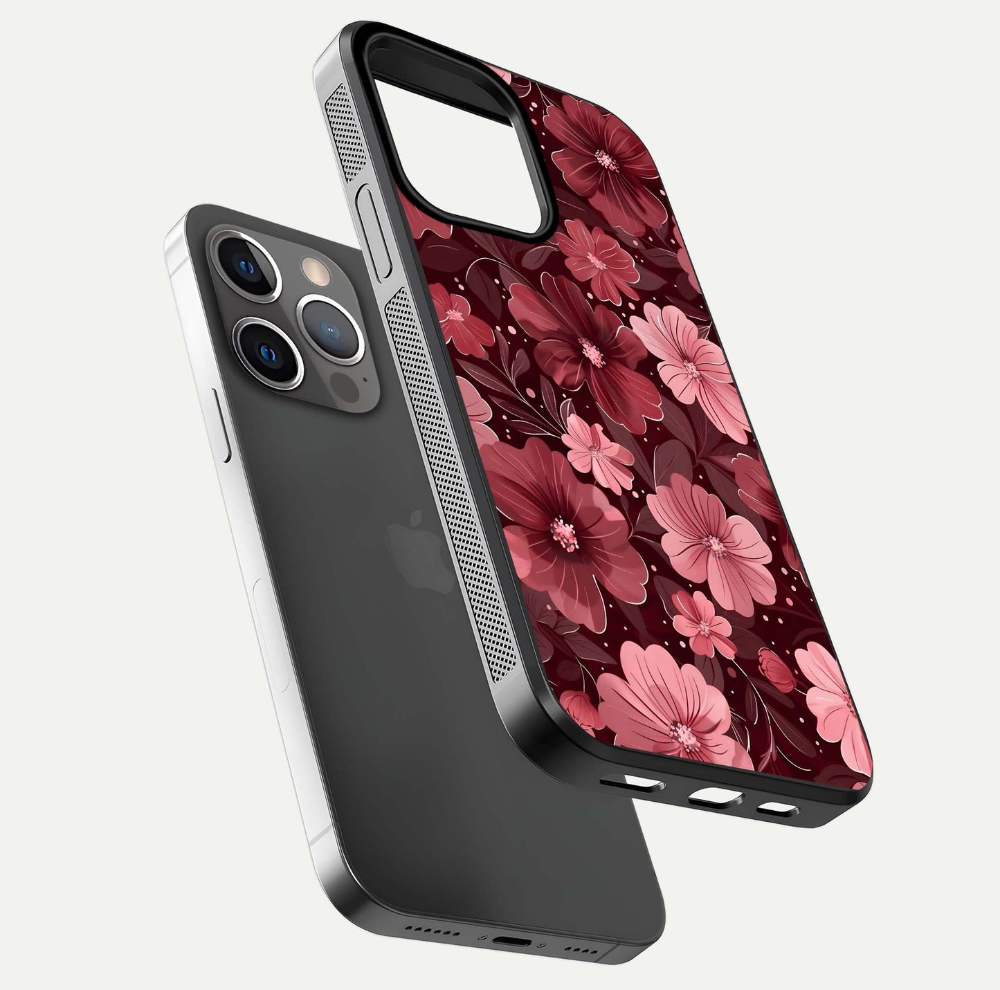 Flower Blush Bloom Glass Case for iPhone 13 Pro floating mockup showing shine polish and elegant look