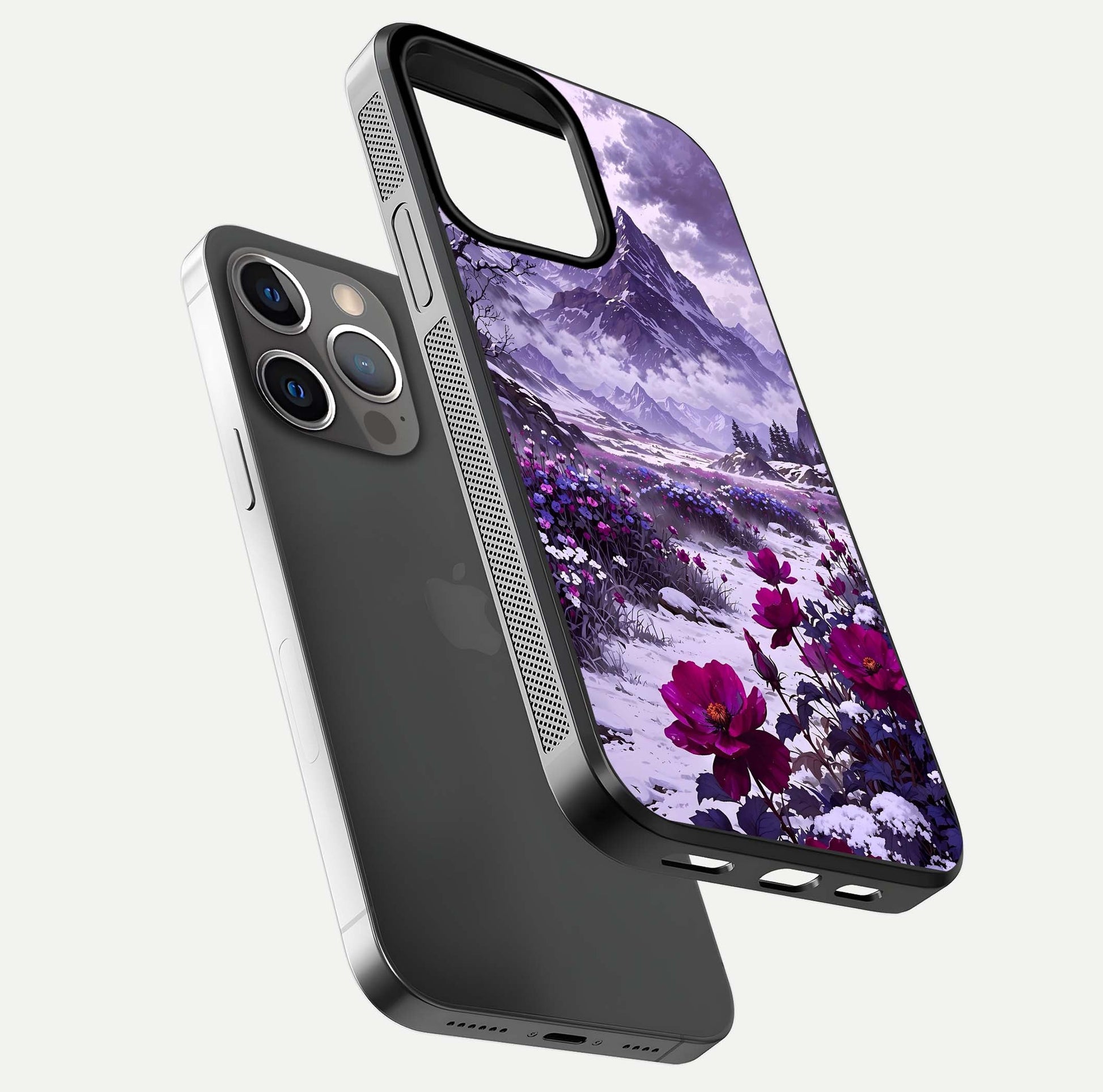 Flower Mountain View Glass Case for iPhone 13 Pro floating mockup showing reflection glow and artistic clarity
