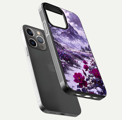 Flower Mountain View Glass Case for iPhone 13 Pro floating mockup showing reflection glow and artistic clarity