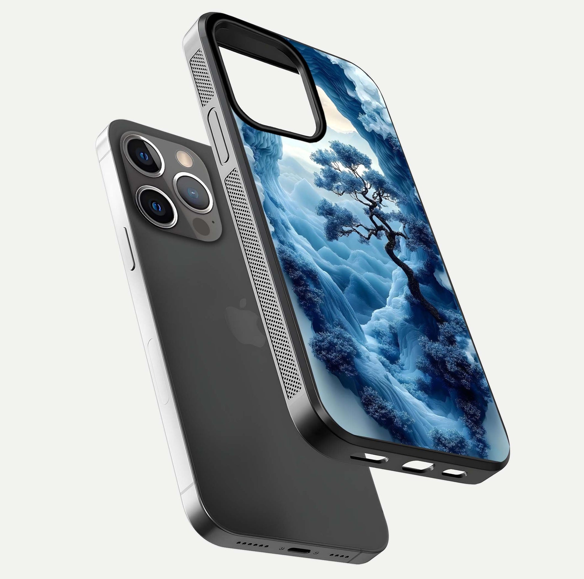Frozen Serenity Gate Glass Case for iPhone 13 Pro floating mockup showing glossy depth and crystal glow