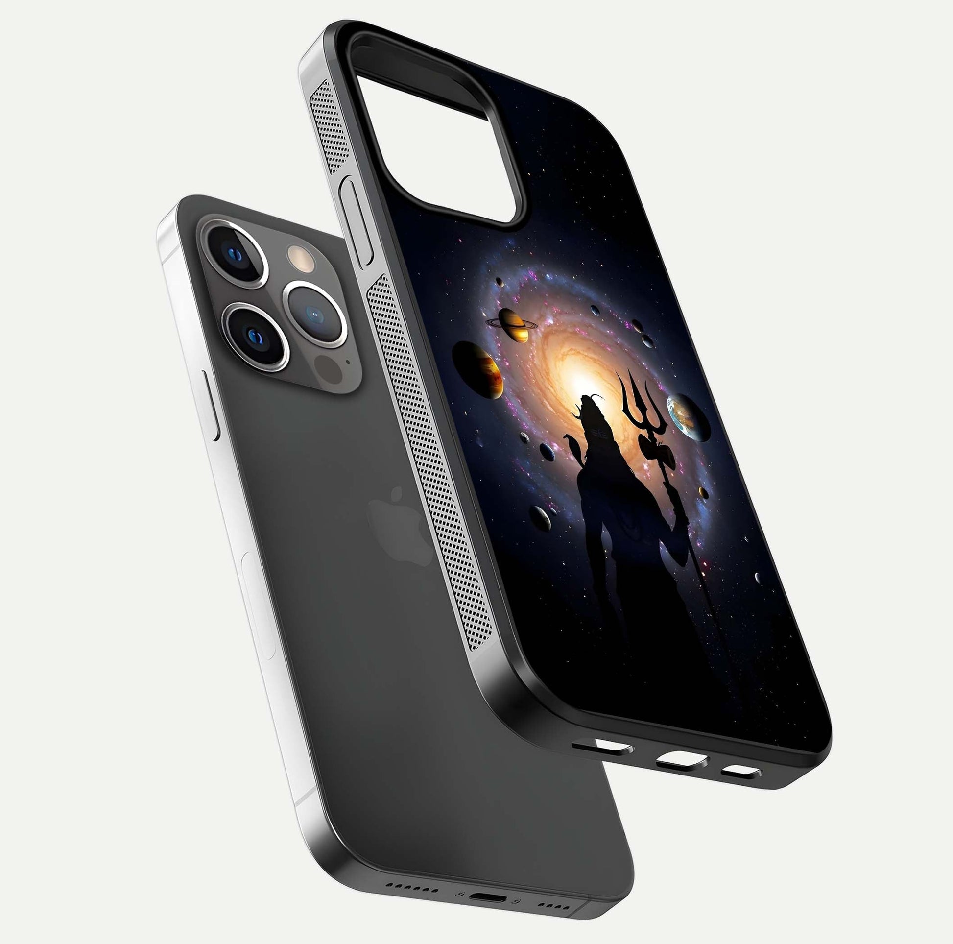 Galactic Shiva Vision Glass Case for iPhone 13 Pro floating dual-view mockup displaying vibrant cosmic colors and smooth gloss texture