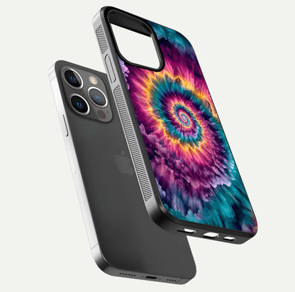 Galactic Spiral Burst Glass Case for iPhone 13 Pro floating dual-view mockup displaying light trails and smooth gloss shine