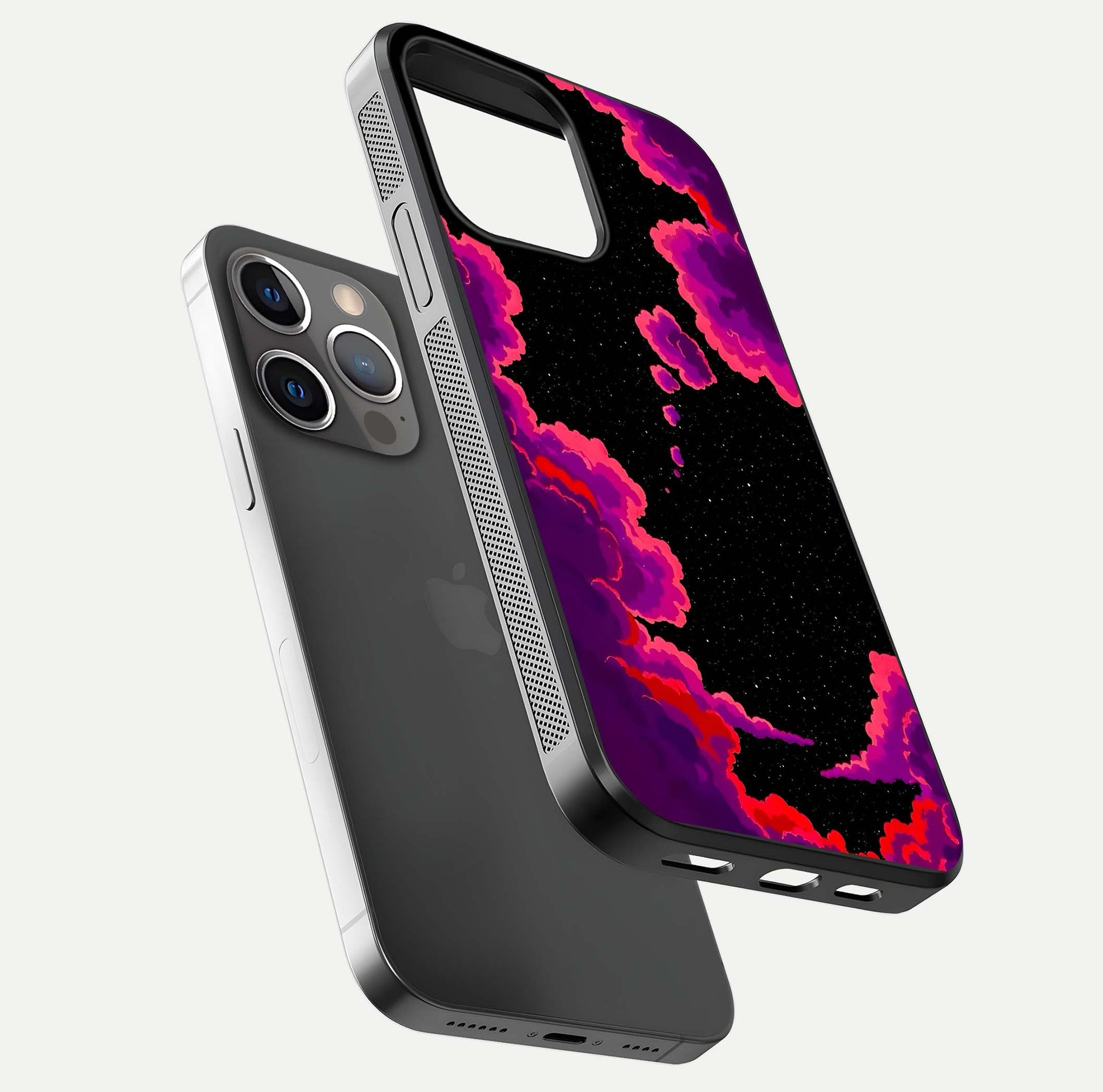 Galaxy Dream Frame Glass Case for iPhone 13 Pro floating dual-view mockup showing vibrant gloss and space-themed tones