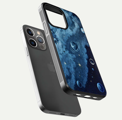 Galaxy Dream Space Glass Case for iPhone 13 Pro floating dual-view mockup showing glossy finish and celestial depth