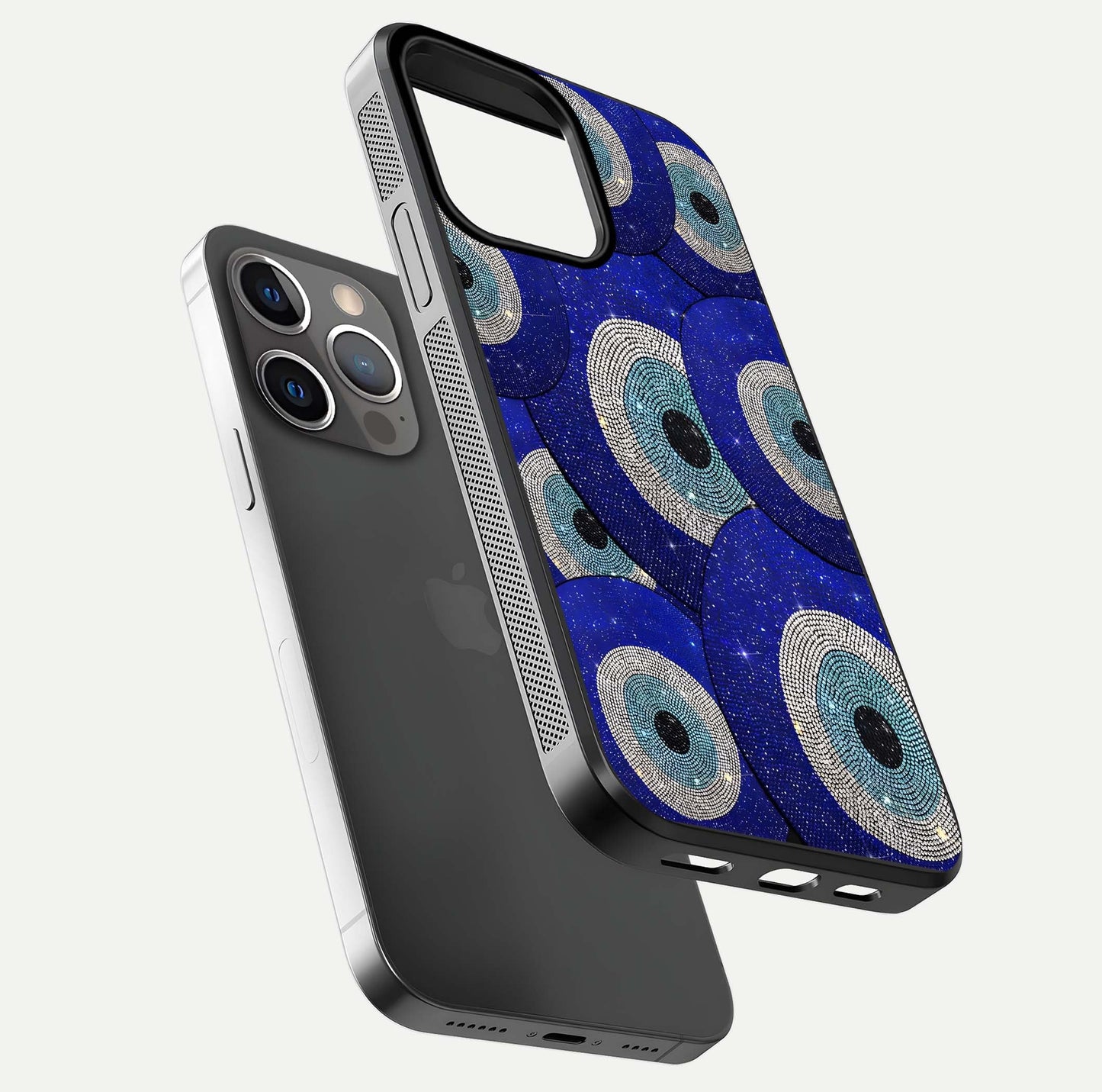 Galaxy Eye Flow Glass Case for iPhone 13 Pro floating dual-view mockup showing gloss polish and glowing tones
