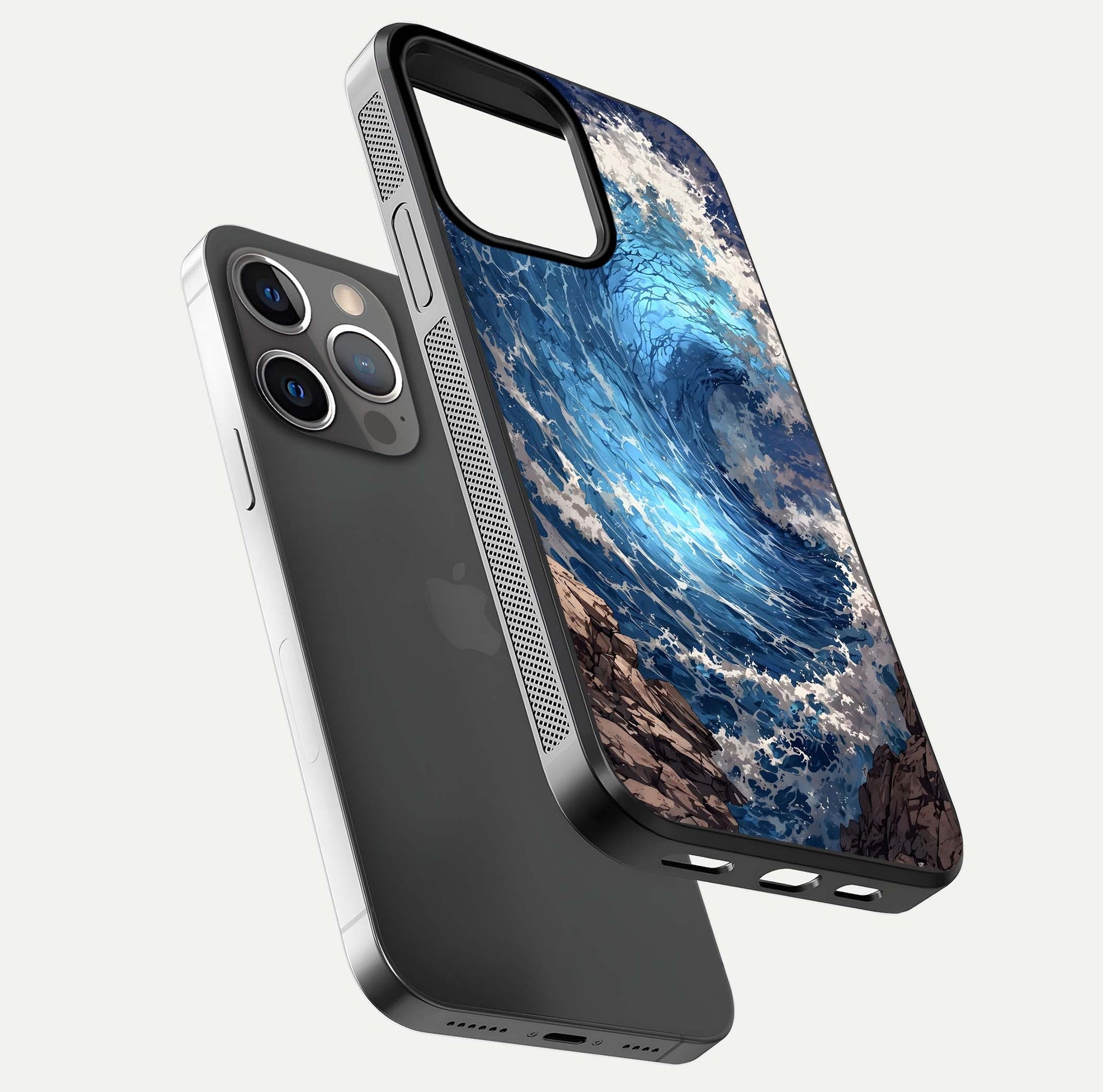 Giant Ocean Wave Glass Case for iPhone 13 Pro floating dual-view mockup showing glossy depth and aquatic blue gradient