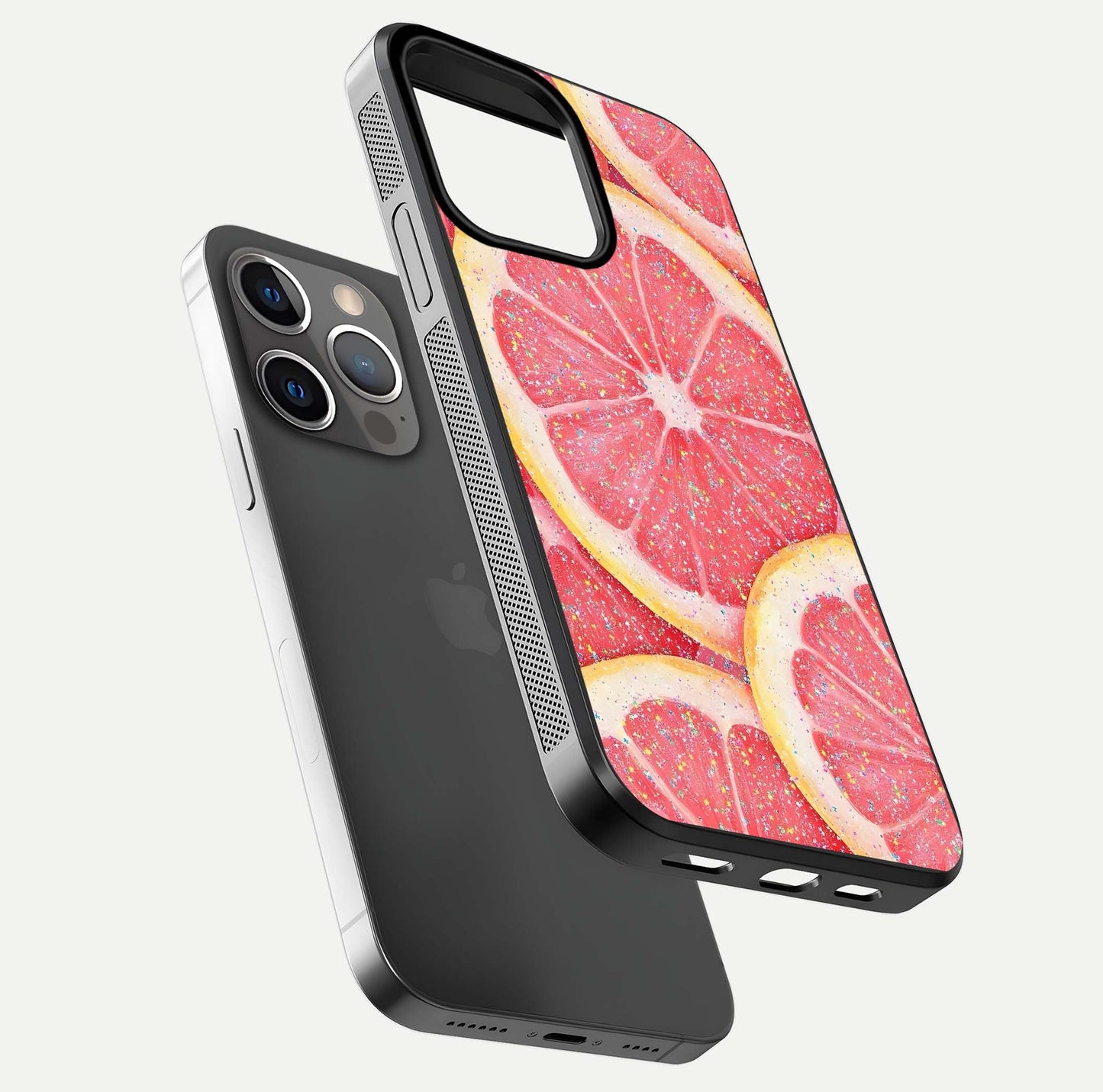 Glitter Grapefruit Glass Case for iPhone 13 Pro floating dual-view mockup showing HD gloss and fresh color detail