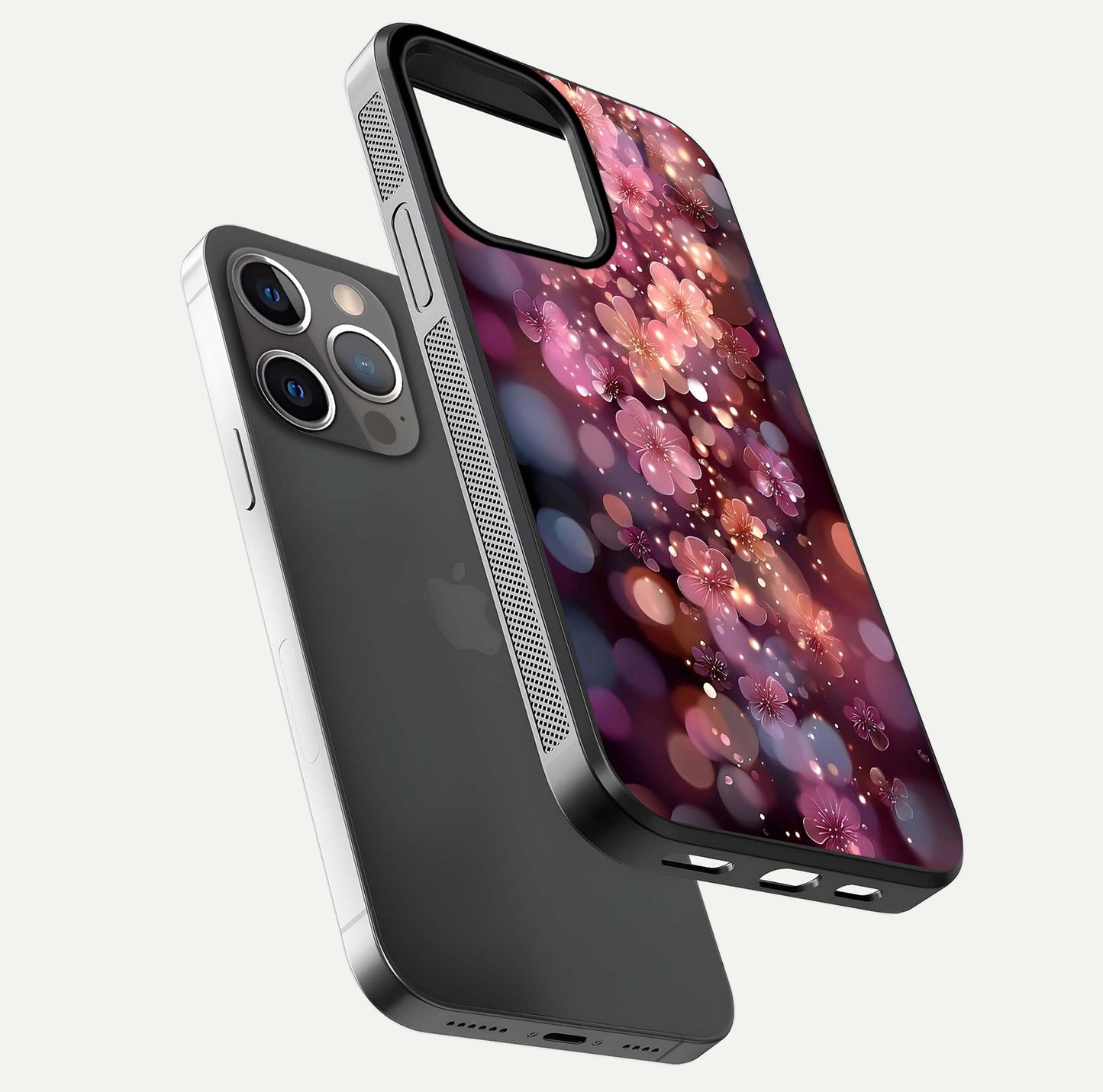Glowing Petal Bliss Glass Case for iPhone 13 Pro floating dual-view mockup showing gloss brightness and delicate tone