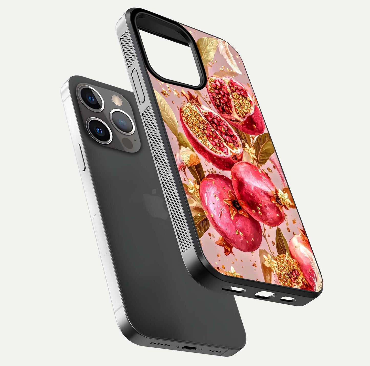 Golden Bloom Glow Glass Case for iPhone 13 Pro floating dual-view mockup showing glossy shine and golden shimmer