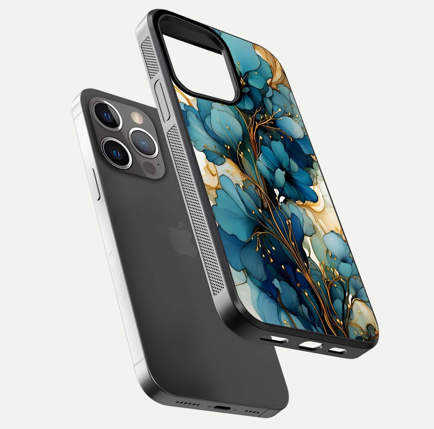 Golden Bloom Symphony Glass Case for iPhone 13 Pro floating dual-view mockup displaying shine texture and luxury pattern