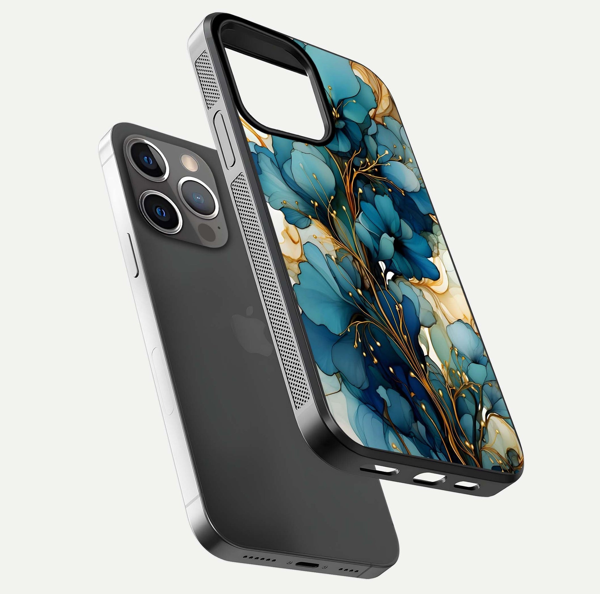Golden Bloom Symphony Glass Case for iPhone 13 Pro floating dual-view mockup displaying shine texture and luxury pattern