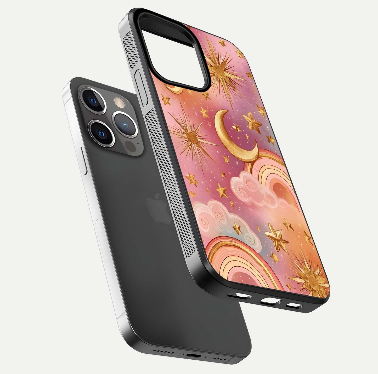 Golden Celestial Dreams Glass Case for iPhone 13 Pro floating dual-view mockup showing gloss surface and dream-like glow