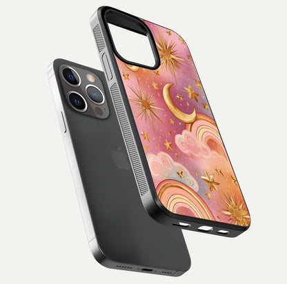 Golden Celestial Dreams Glass Case for iPhone 13 Pro floating dual-view mockup showing gloss surface and dream-like glow