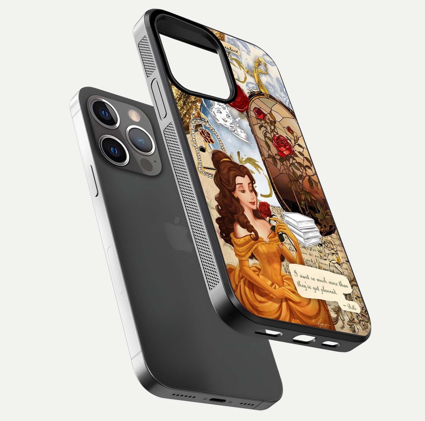 Golden Dream Belle Glass Case for iPhone 13 Pro floating dual-view mockup highlighting gloss texture and elegant shimmer